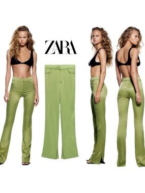 Zara green satin effect flare pants Sz S NWOT